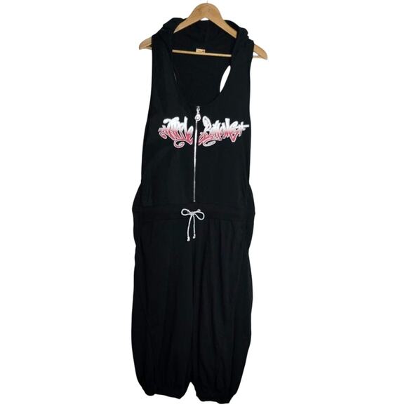 Vintage Apple Bottoms Jumpsuit 2X Black Graffiti Spellout Hooded Balloon B-Girl - Picture 1 of 11